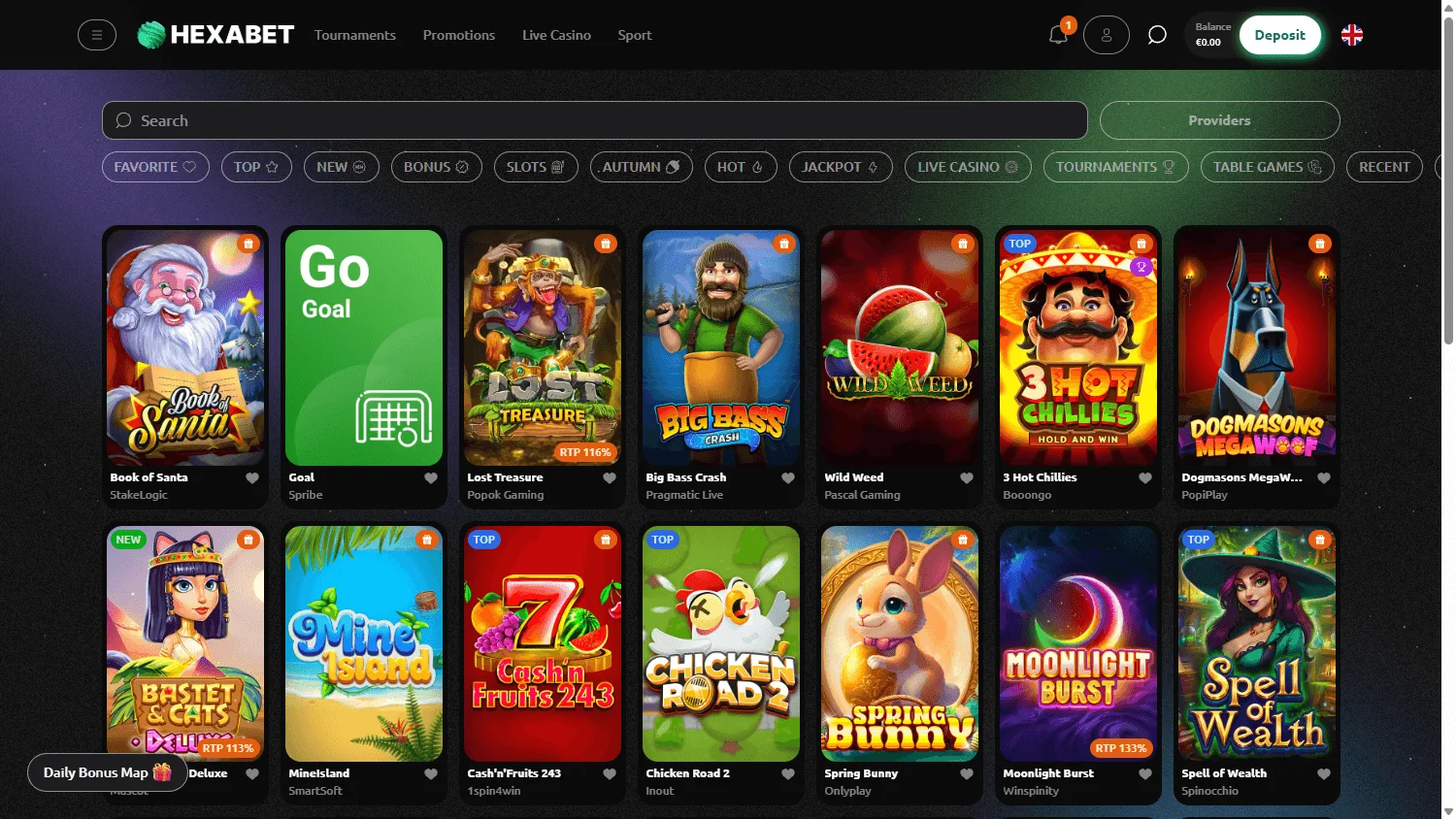 Hexabet Casino desktop games interface with casino categories and game selection