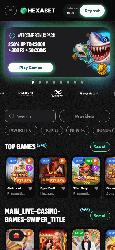 Hexabet Casino mobile home interface for accessing the casino on a phone