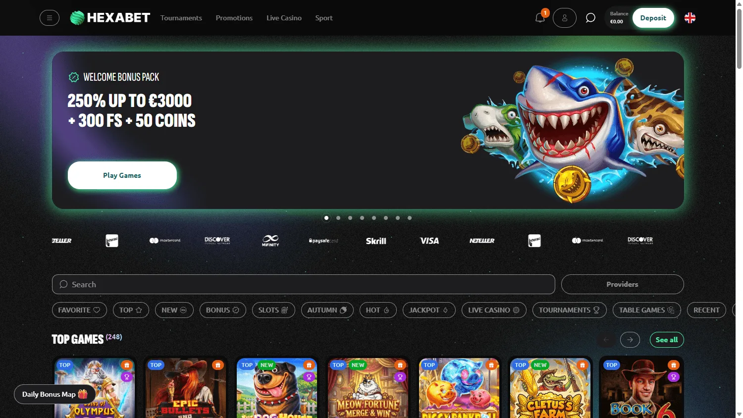 Hexabet Casino desktop home interface with casino content and account features