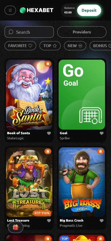 Hexabet Casino mobile games interface with casino categories