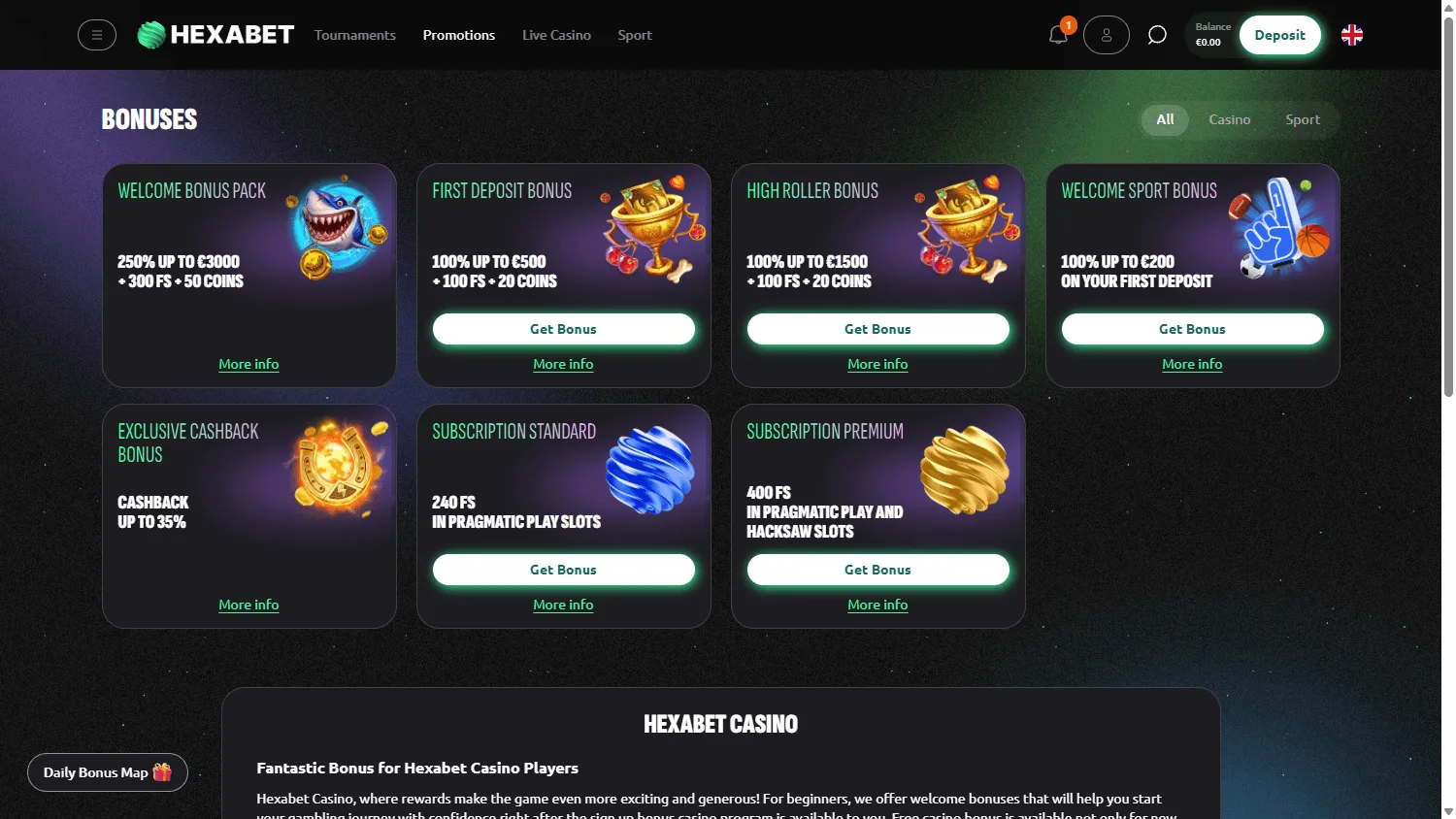 Hexabet Casino desktop promotions area with bonuses and reward features