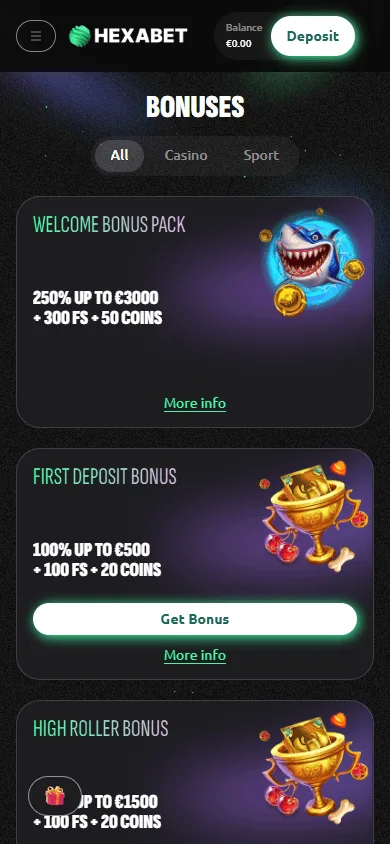 Hexabet Casino mobile promotions area with rewards and bonus features